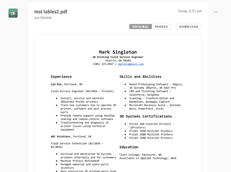 Resume tables within the ATS Lever