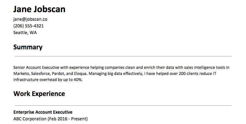 Example resume summary statement